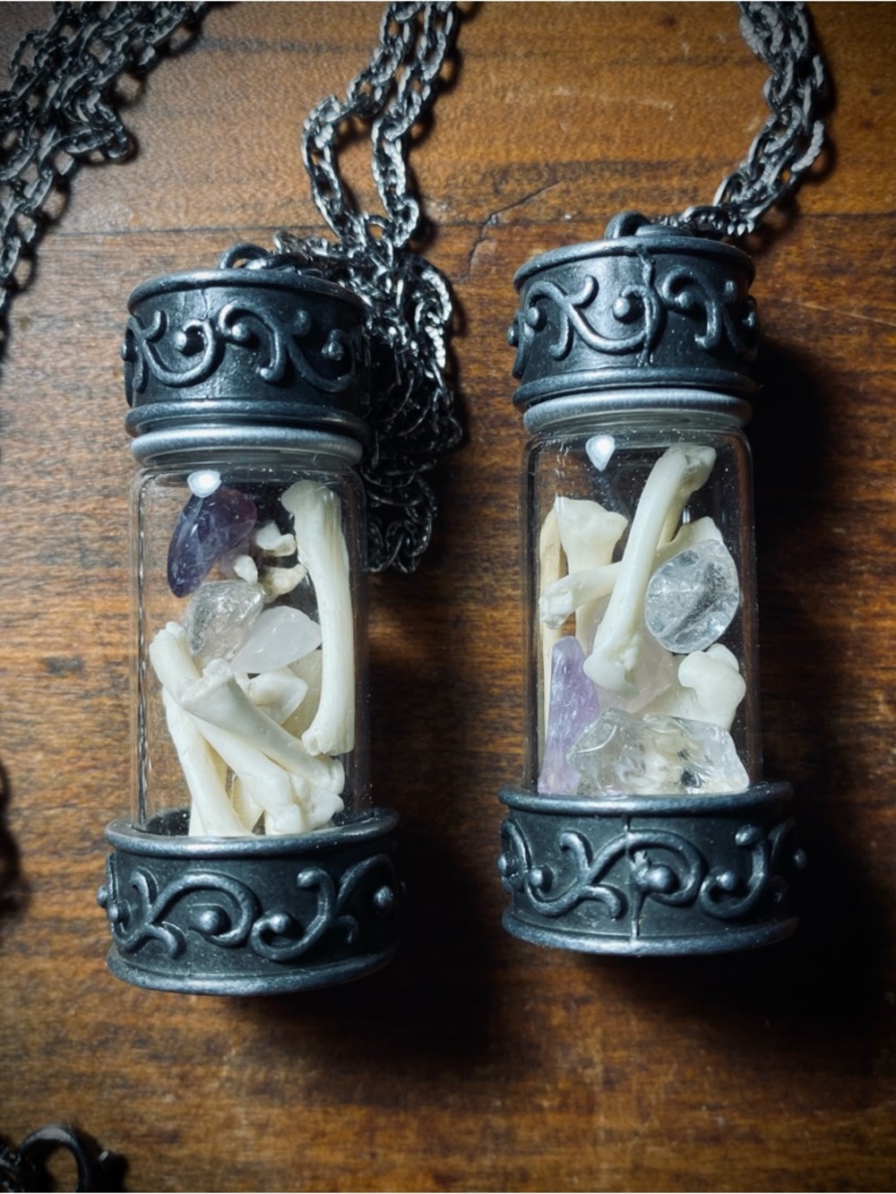 Possum Bone Teeth Crystal Gunmetal Chain Necklace
